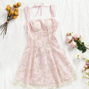 Shein pink floral bow back tie dress